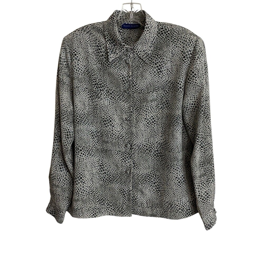 KAREN SCOTT Womens Button Up Top Sz M Black Gray Snake Print Silky Office